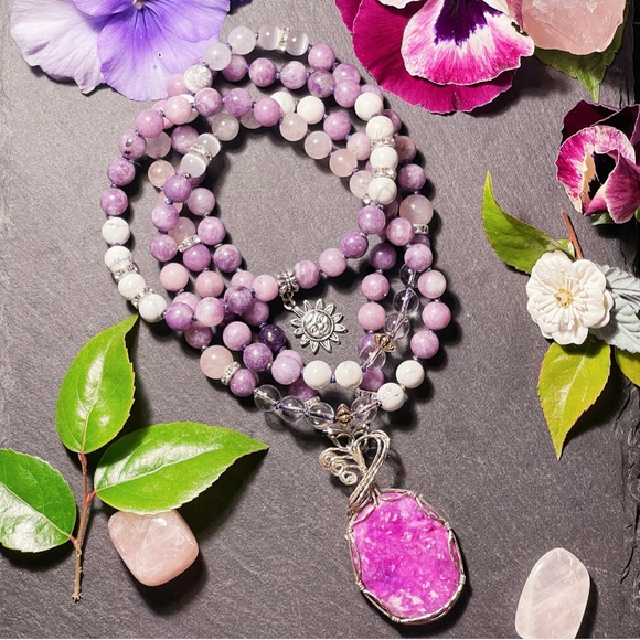 108 Bead Lepidolite and White Howlite Mala Necklace with Sugilite